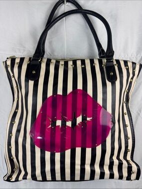 Betsey Johnson Lips Tote Black White Stripe Studded Bag
